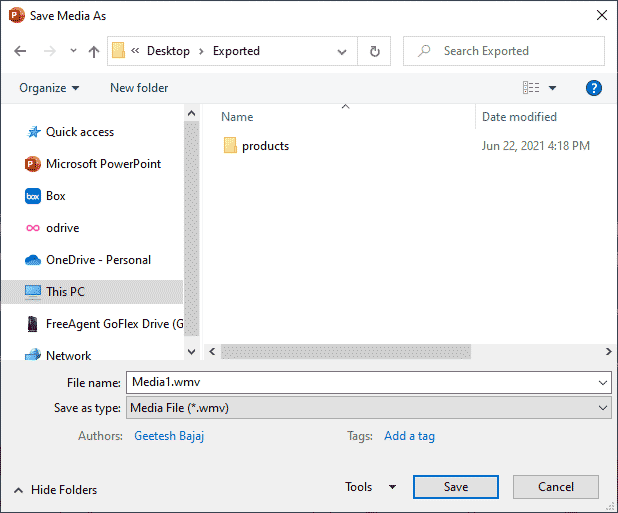 Save Media As dialog box in PowerPoint 365 for Windows Save Media As dialog box in PowerPoint 365 for Windows