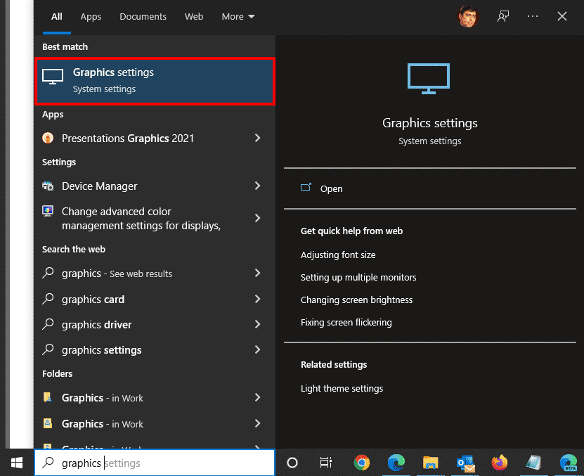 Search for Graphics settings option in Windows