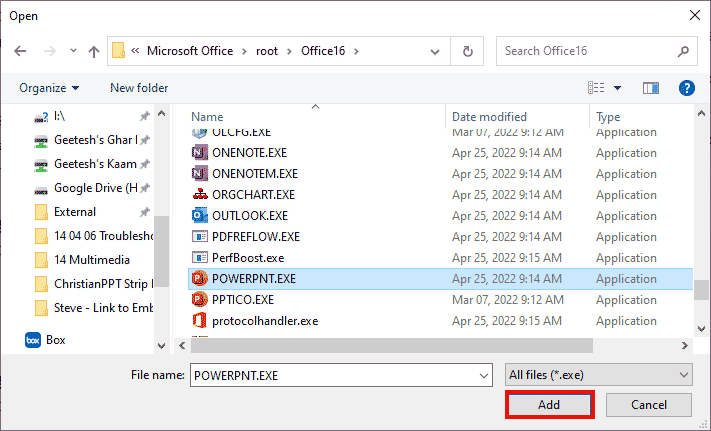Select the PowerPoint executable file in Microsoft Windows