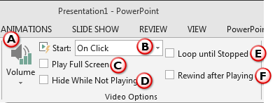 Video Options within Video Tools Playback tab of the Ribbon