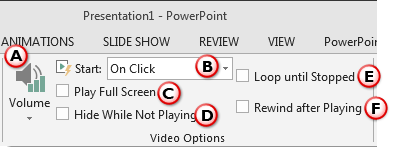 Video Options within Video Tools Playback tab of the Ribbon Video Options within Video Tools Playback tab of the Ribbon