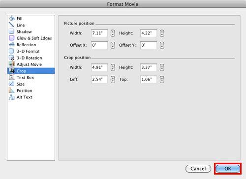 Crop options within the Format Movie dialog box