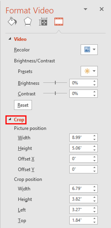 Crop option within the Format Video Task Pane Crop option within the Format Video Task Pane