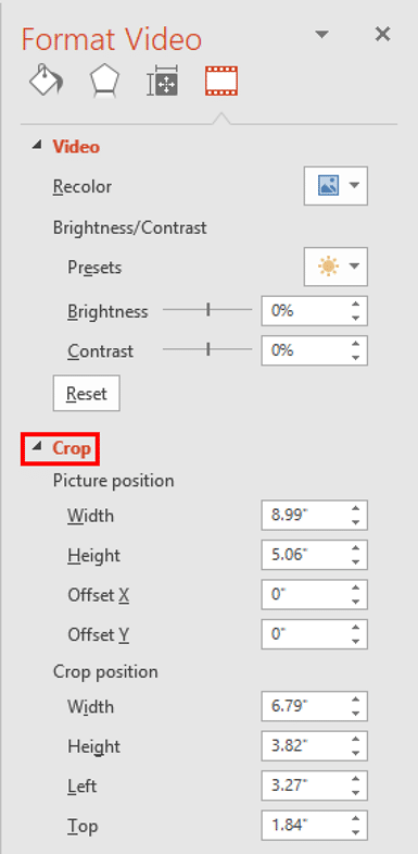 Crop option within the Format Video Task Pane