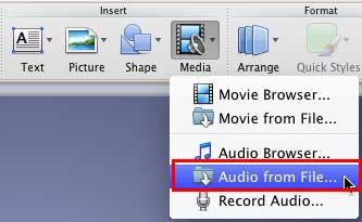 Audio from File option within the Media drop-down menu