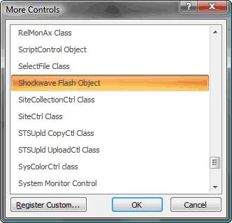Select to place a Shockwave Flash Object control