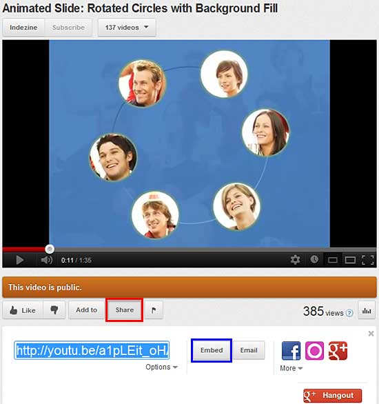Share and Embed buttons within YouTube
