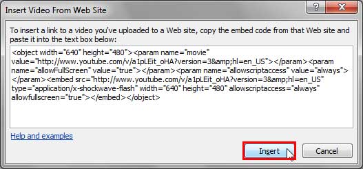 Old embed code pasted within the Insert Video From Web Site dialog box