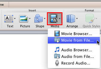 Movie from File option selected within the Media drop-down gallery