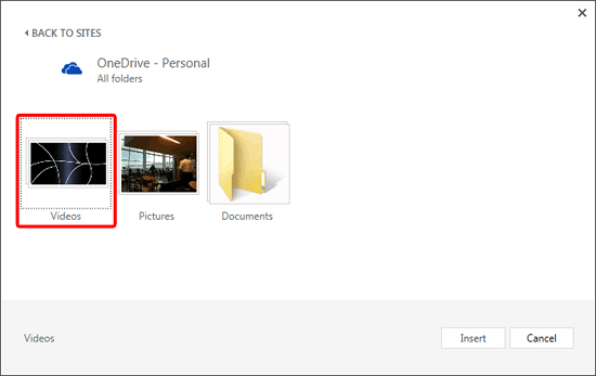 Window showing folder containing video file(s) within OneDrive