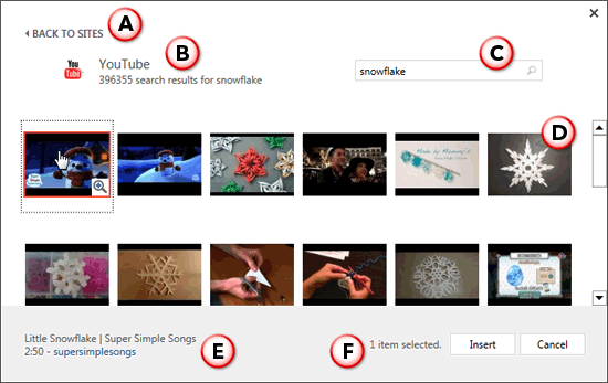 Video search results from YouTube for the entered keyword(s)