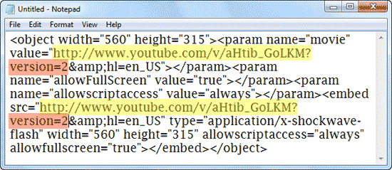 Changed embed code in Notepad