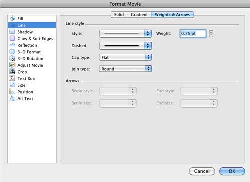 Format Movie dialog box with movie border editing options