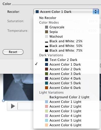 Preset Recolor options within the Format Movie dialog box Preset Recolor options within the Format Movie dialog box