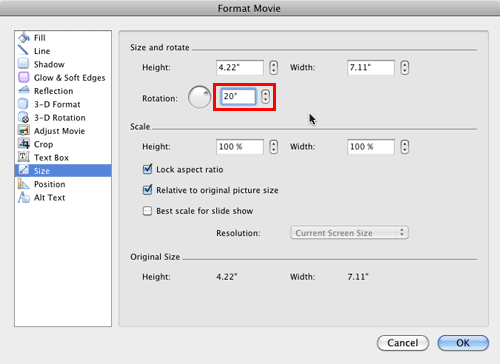 Rotation option within the Format Movie dialog box Rotation option within the Format Movie dialog box