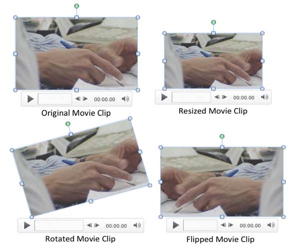 Variants of the same movie clip applied with resize, rotate, and flip options