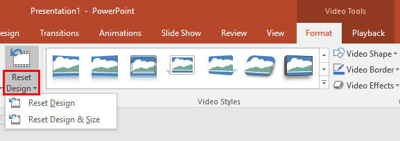 Reset Design drop-down gallery within Adjust group
