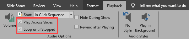 Loop Until Stopped option within the Playback Options drop-down menu
