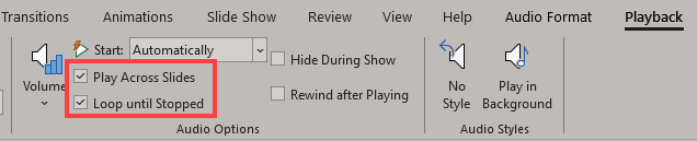 Loop Until Stopped option within the Playback Options drop-down menu Loop Until Stopped option within the Playback Options drop-down menu