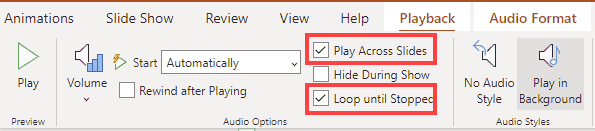 Loop Until Stopped option within the Playback Options drop-down menu
