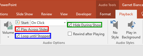 Play across slides and Loop until Stopped check-boxes selected Play across slides and Loop until Stopped check-boxes selected