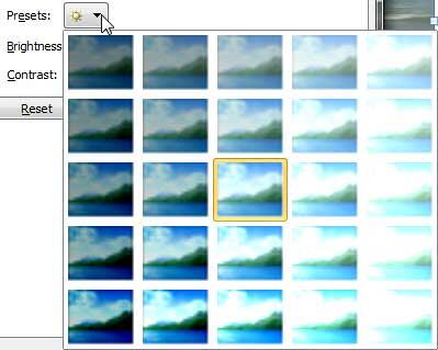 Presets drop-down gallery within the Format Video dialog box Presets drop-down gallery within the Format Video dialog box