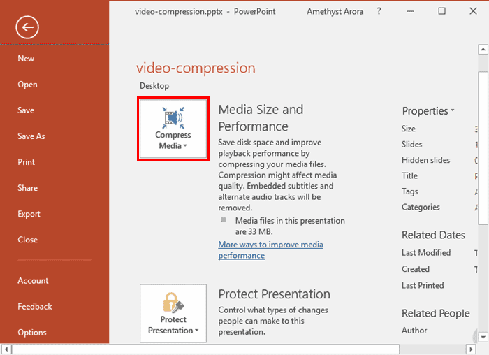 Compress Media button within the Info pane Compress Media button within the Info pane