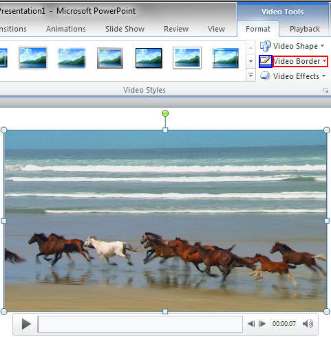 Video Border button within the Video Tools Format tab of the Ribbon