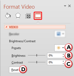 Video Correction options within the Format Video Task Pane