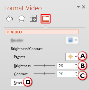 Video Correction options within the Format Video Task Pane Video Correction options within the Format Video Task Pane