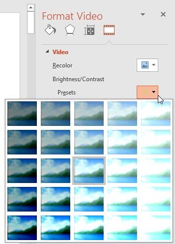 Presets drop-down gallery within the Format Video task pane Presets drop-down gallery within the Format Video task pane