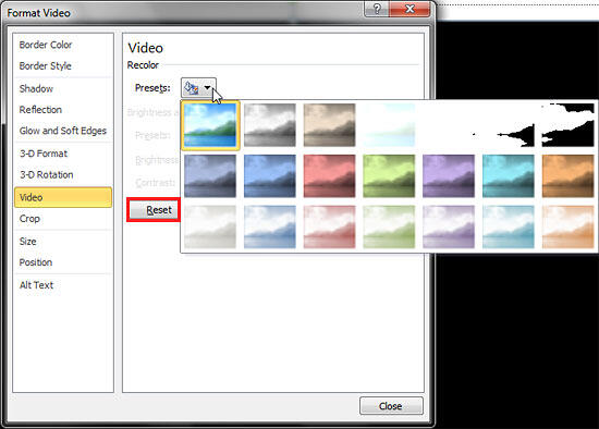 Video Recolor options within the Format Video dialog box Video Recolor options within the Format Video dialog box