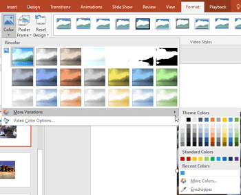 Video Recolor Options in PowerPoint 2016 for Windows