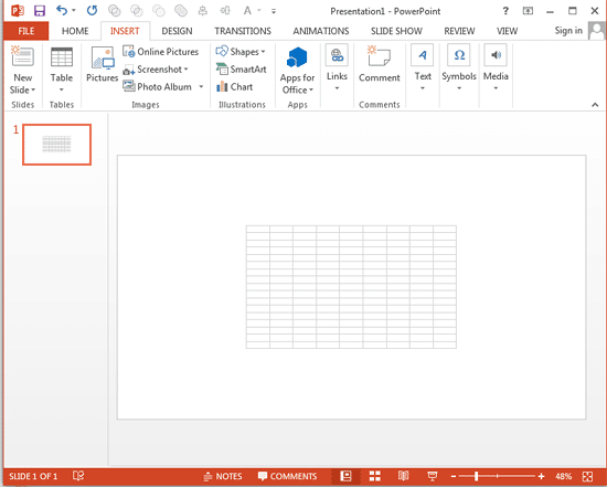 Excel Spreadsheet inserted on the slide