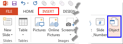 Object button within the Insert tab