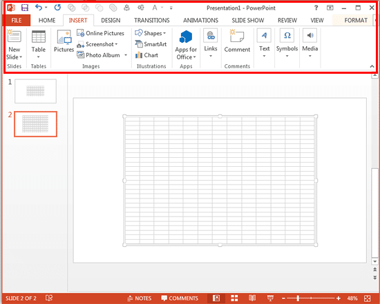Excel Spreadsheet inserted on the slide