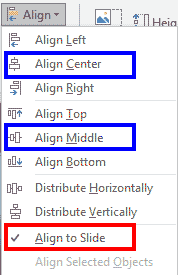 Align to Slide option selected in the Align or Distribute drop-down gallery