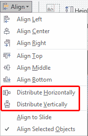 Distribute options within the Align drop-down gallery