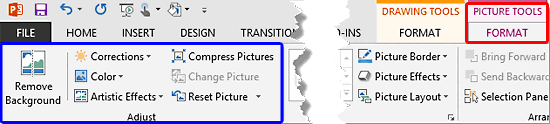Two contextual tabs appear when a shape with a picture fill is selected