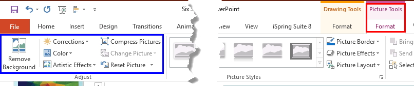 Two contextual tabs appear when a shape with a picture fill is selected