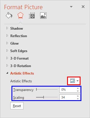Artistic Effects options within the Format Picture Task Pane Artistic Effects options within the Format Picture Task Pane