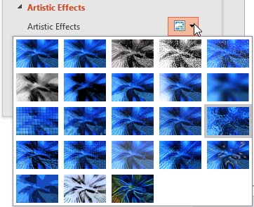 The Artistic Effects drop-down gallery within the Format Picture Task Pane The Artistic Effects drop-down gallery within the Format Picture Task Pane