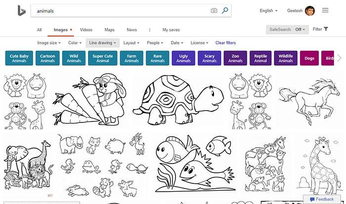 Search results of animal pictures available as line drawings