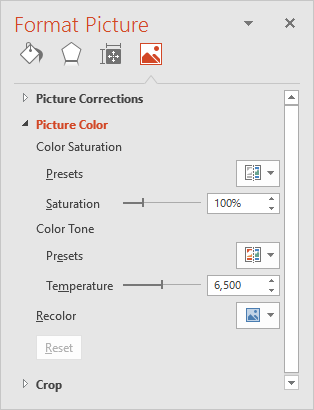 Picture Color options within the Format Picture Task Pane Picture Color options within the Format Picture Task Pane