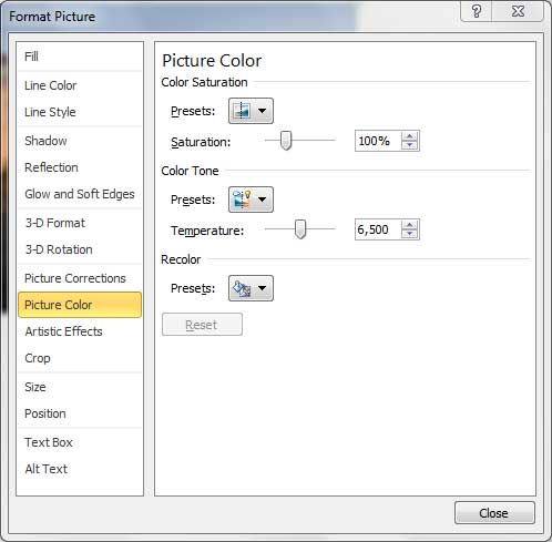 Picture Color options within the Format Picture dialog box Picture Color options within the Format Picture dialog box