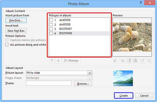 Pictures added in the Photo Album dialog box