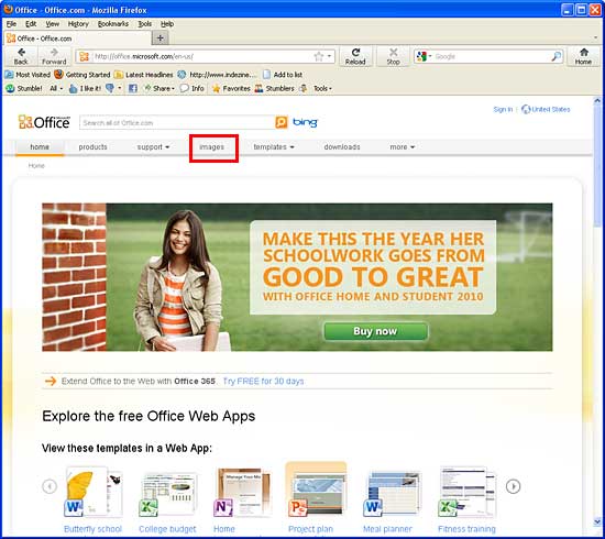 Images tab within the Microsoft Office home page