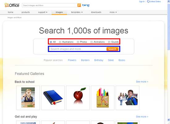 Search box and file types check-boxes within Images tab Search box and file types check-boxes within Images tab