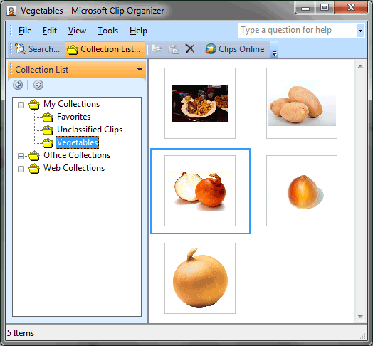Collection selected within the Microsoft Clip Organizer