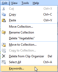 Edit | Keywords menu option Edit | Keywords menu option